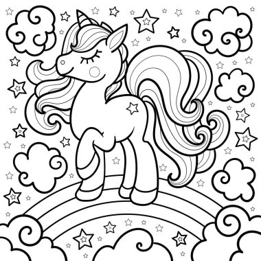 Gökkuşağında tek boynuzlu at çizgi filmi. Doodle tarzı. Boyama için. Vektör