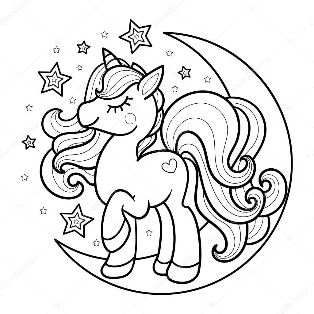Cartoon unicorn on the moon. Black and white image for coloring. Vector image.