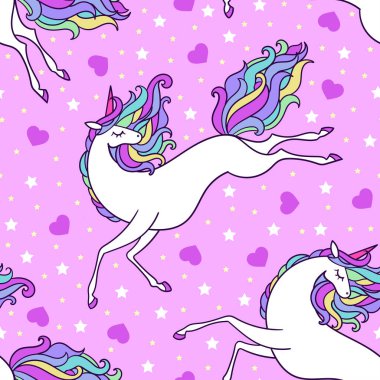 Pembe arka planda tek boynuzlu at deseni var. Vektör