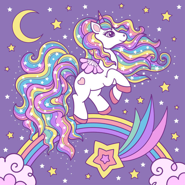 Lindo unicornio blanco de dibujos animados en un arco iris entre las estrellas. Animal de fantasía. Vector — Vector de stock