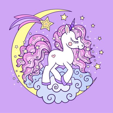 Ay 'da pembe yeleli şirin beyaz tek boynuzlu at. Çocuk çizimi. Parmak izi, poster, kartpostal, kart, çıkartma tasarımı için. İkonlar. Vektör