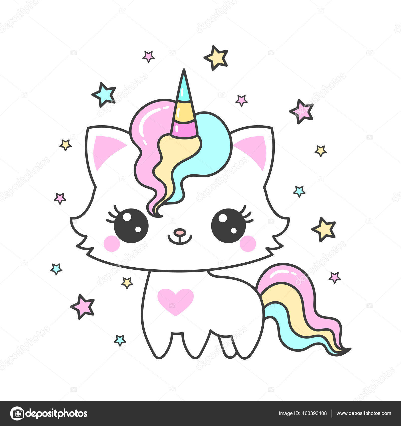 Cute cartoon cat unicorn and stars. Childrens design. Vector Stock ...