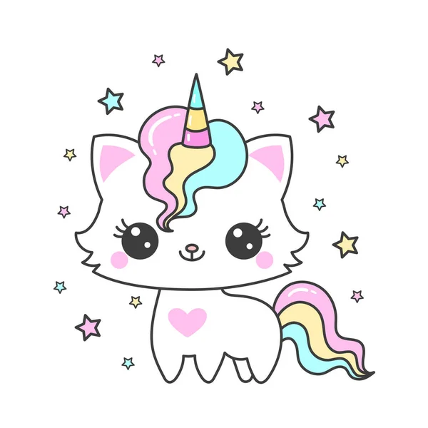 Lindo unicornio gato de dibujos animados y estrellas. Diseño de niños. Vector — Archivo Imágenes Vectoriales