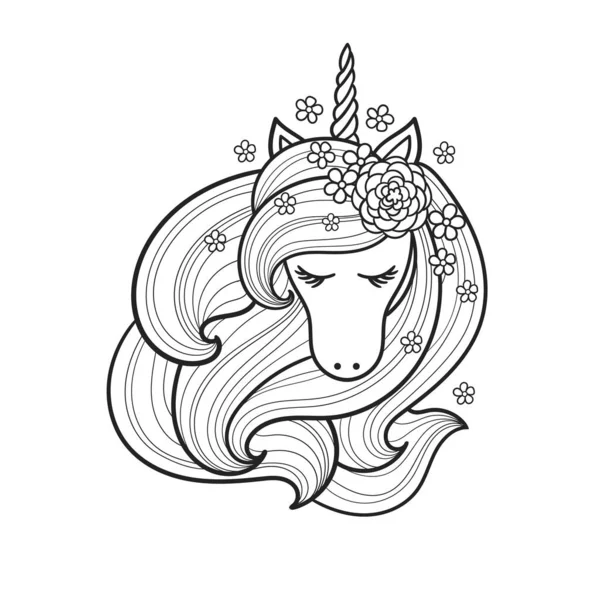 Kepala seekor unicorn dengan surai panjang. Gambar linear hitam dan putih. Vektor - Stok Vektor