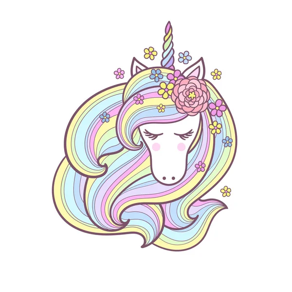 Head of a cute unicorn with a rainbow mane. Childrens design. Vector. — Stock Vector