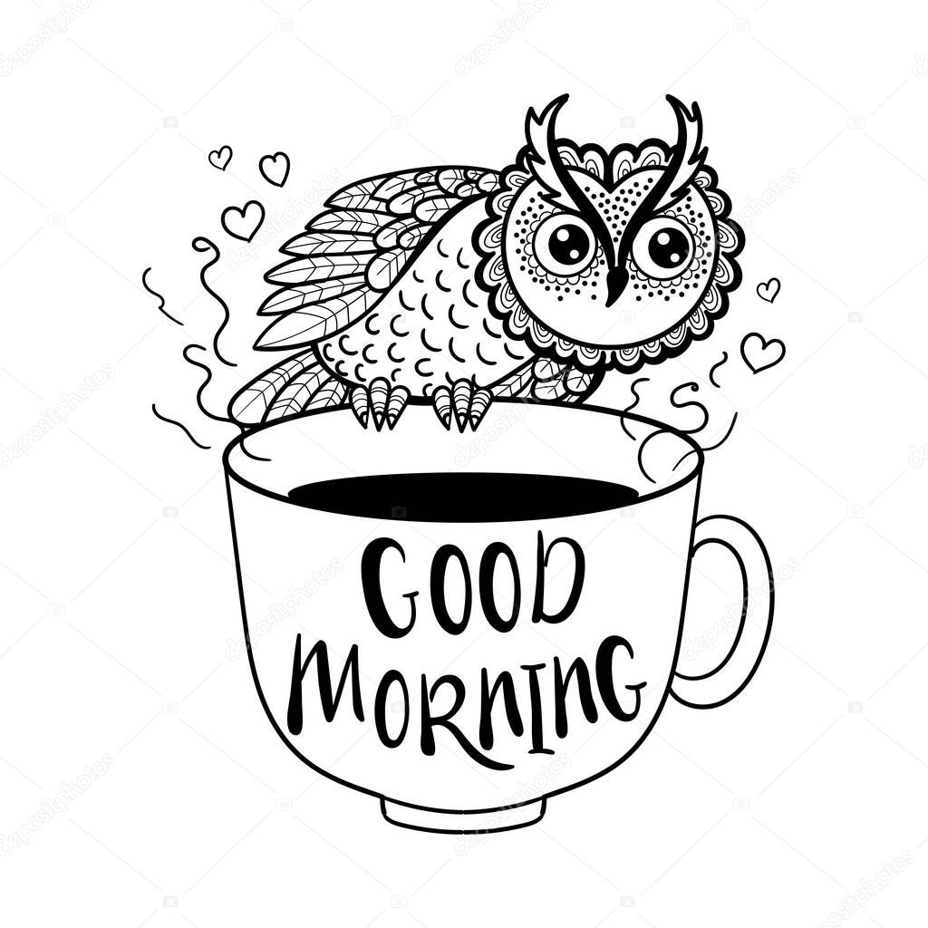 Funny owl and a cup of coffee. Black and white, linear drawing. For the design of coloring books, postcards, stickers, tattoos, cards, prints, posters, banners. Vector