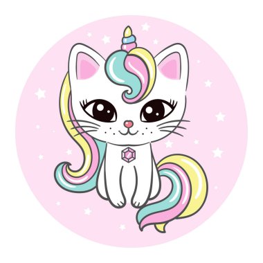 Şirin kedi tek boynuzlu at. Çocuk illüstrasyonu. Vektör.