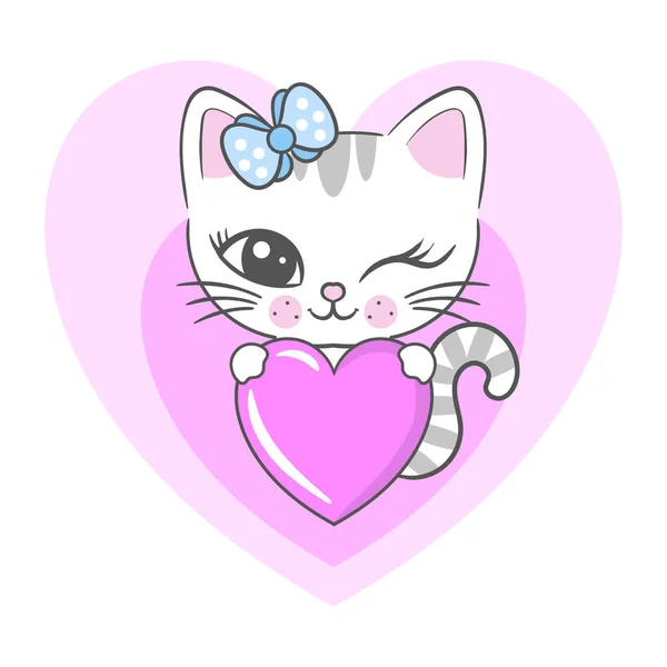 Lindo gatito está sosteniendo un corazón. Ilustración de niños. Vector — Archivo Imágenes Vectoriales