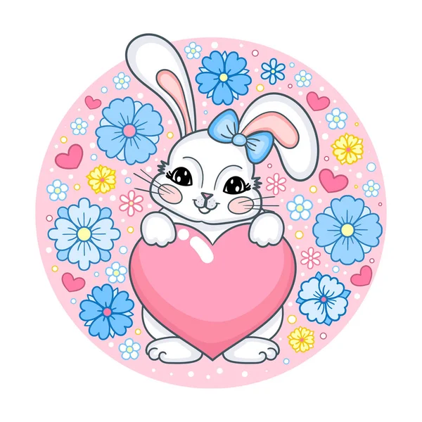 Lindo Conejo Dibujos Animados Con Corazón Entre Las Flores Ilustración — Vector de stock