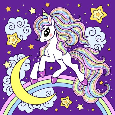 Cute white unicorn on a rainbow with the moon and clouds. Fantasy animal. Children's illustration for the design of prints, posters, stickers, postcards, etc. Vector