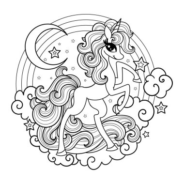 Beautiful unicorn on the clouds. Round composition. Black and white linear drawing. Vector
