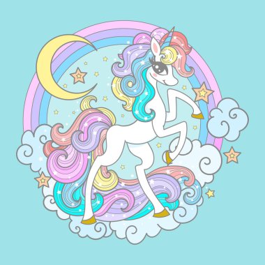 A beautiful, white unicorn with a rainbow mane. Round composition. Vector