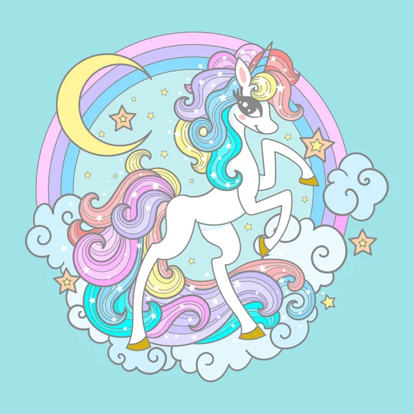 A beautiful, white unicorn with a rainbow mane. Round composition. Vector — Stockový vektor