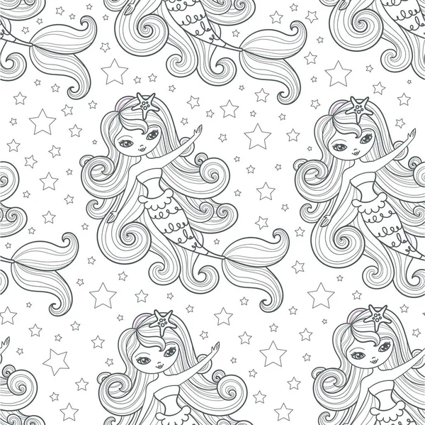 Seamless pattern with cartoon mermaids. Vector — Stock Vector