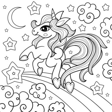 Gökkuşağında uzun kuyruklu tek boynuzlu at. Doğrusal siyah beyaz çizim. Vektör