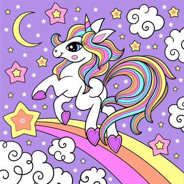 Gökyüzünde tek boynuzlu at çizgi filmi. Harika bir hayvan. Vektör