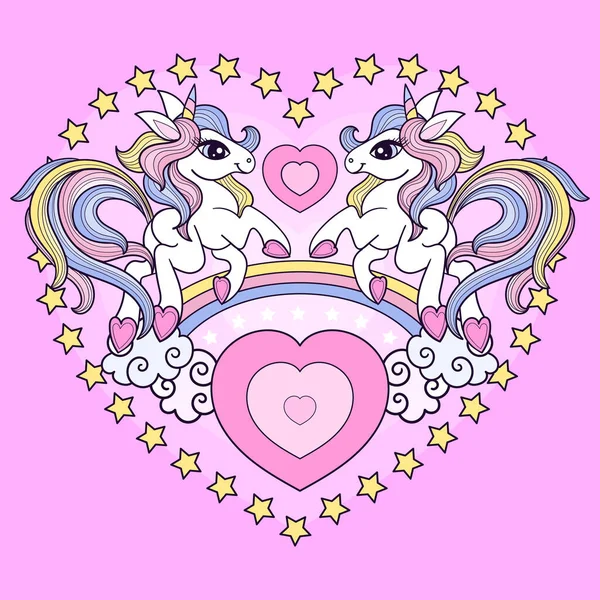 两个可爱的卡通独角兽在一个心脏和彩虹的背景。B.病媒 — 图库矢量图片