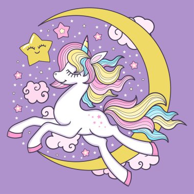 Ay 'da tatlı beyaz tek boynuzlu at. Çocuk illüstrasyonu. Vektör