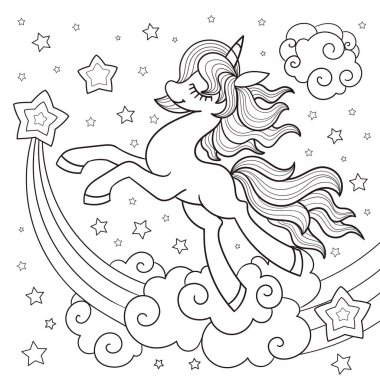Yıldızlı sihirli tek boynuzlu at midillisi. Doğrusal siyah beyaz çizim. Vektör