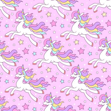 Çizgi filmdeki tek boynuzlu atların kusursuz deseni. Vektör