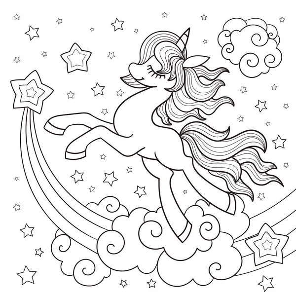 Yıldızlı sihirli tek boynuzlu at midillisi. Doğrusal siyah beyaz çizim. Vektör
