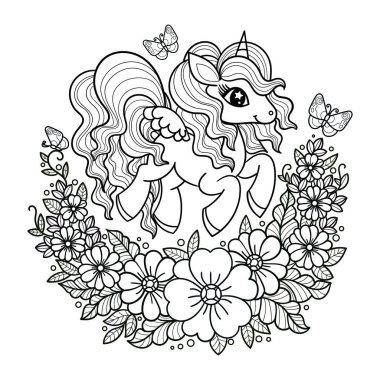 Çiçekler ve kelebekler arasındaki şirin tek boynuzlu at. Vektör