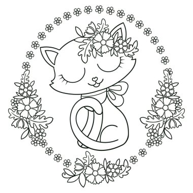 Çiçeklerin oval çerçevesinde şirin bir kedi yavrusu. Siyah ve beyaz doğrusal görüntü. Vektör