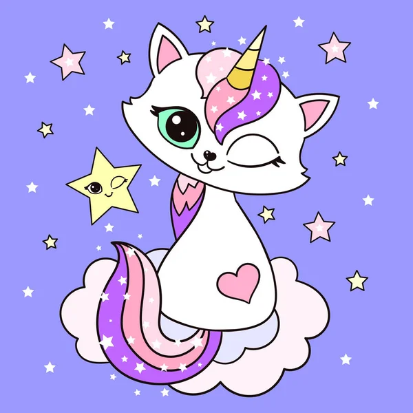 Carino cartone animato arcobaleno gatto unicorno. Vettore — Vettoriale Stock