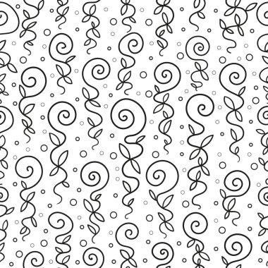 Kusursuz desen. Spiral bitki. Siyah-beyaz doğrusal çizim. Vektör