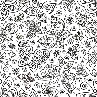 Kelebekli kusursuz bir arka plan. Siyah-beyaz doğrusal çizim. Doodle tarzı. Vektör