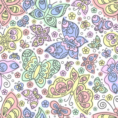 Kelebekli kusursuz bir arka plan. Doodle tarzı. Yaz teması. Vektör