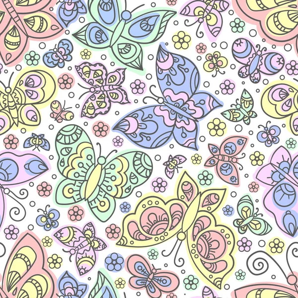 Nahtloser Hintergrund mit Schmetterlingen. Doodle-Stil. Sommerthema. — Stockvektor