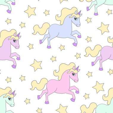 Renkli tek boynuzlu atlar ve beyaz arka planda yıldızlar olan kusursuz bir desen. Çocuk kumaşı tasarımı, duvar kâğıdı, arka plan, hatıra defteri, baskılar, posterler vs. için uygun. Vektör