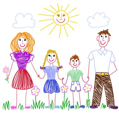 Mutlu bir aile. Bir çocuğun çizimi. Pastel boyalarla çizilmiş. Ebeveynler ve çocuklar, güneşin ve bulutların altında el ele tutuşuyorlar. Parmak izi, poster, Anneler Günü ve Babalar Günü kartları için uygun. Vektör illüstrasyonu.