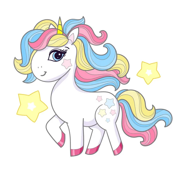 Gökkuşağı yeleli ve yıldızlı beyaz tek boynuzlu at midillisi. Beyaz bir arka planda izole edilmiş. Çocuk baskıları, posterler, kartlar, çıkartmalar vs. için uygun. Vektör illüstrasyonu.