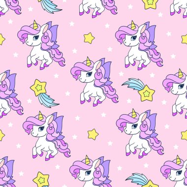 Pembe arka planda beyaz tek boynuzlu atlar ve yıldızlar olan kusursuz bir desen. Çocuk kumaşı tasarımı, duvar kâğıdı, arkaplan, hatıra defteri, ambalaj kağıdı vs. için uygun. Vektör