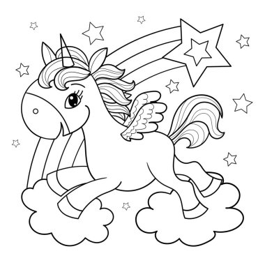 Bulutların üzerinde zıplayan büyüleyici kanatlı tek boynuzlu at, bir gökkuşağı ve bir yıldız. Siyah beyaz çizgi çiziyor. Beyaz bir arka planda izole edilmiş. Çocuk boyama kitapları, baskılar, posterler, çıkartmalar vs. için uygun. Vektör illüstrasyonu.