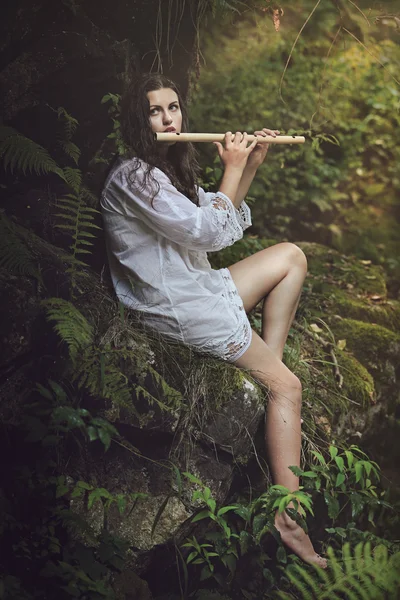 Dryad playing flute after the rain — Stock Photo, Image