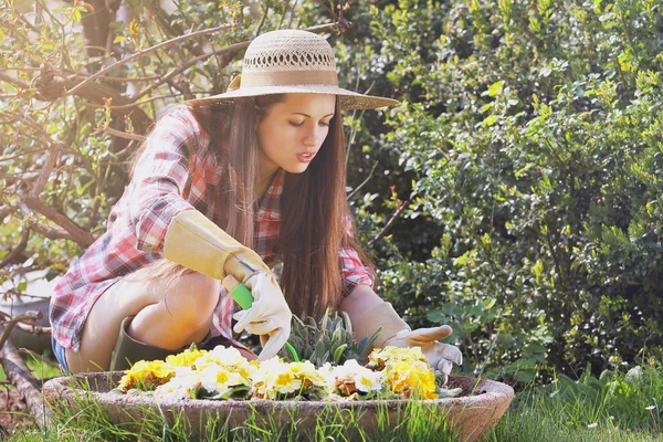 Beautiful gardener taking care of her flowers Stock Photo