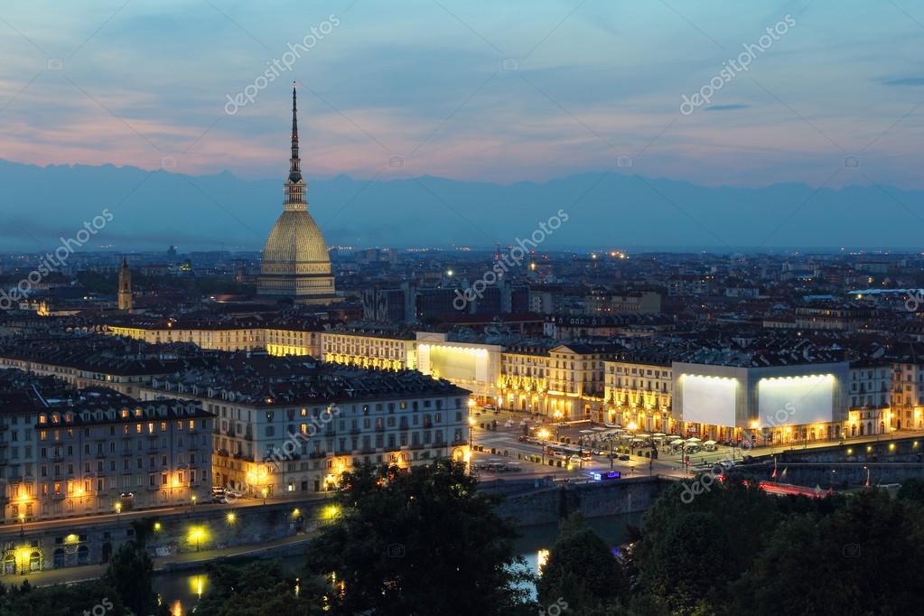 Turin and Mole Antonelliana lighted at dusk — Stock Photo ...