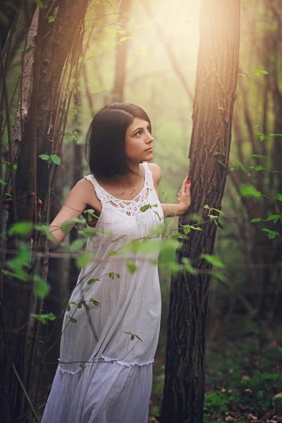 Schöne Frau, die im Wald spazieren geht — Stockfoto