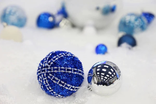 White Blue Christmas Balls Snow Background New Year Toys Decorations Royalty Free Stock Images
