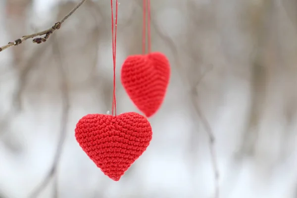 Сердца Валентина Висят Ветке Дерева Два Красных Вязаных Сердца Зимнем — стоковое фото