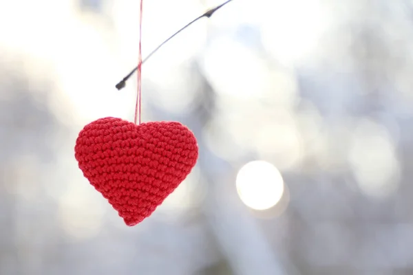 Love heart in winter forest against the sun. Red knitted heart hanging on a branch, symbol of romantic love, background for Valentines day