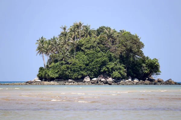 Tropisk Med Kokospalmer Havet Pittoresk Utsikt Från Grunt Vatten Selektivt — Stockfoto