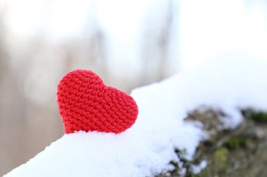 Sevgililer günü güneşi altında karın üzerinde. Kış ormanlarında bir dalda romantik aşkın kırmızı örülmüş sembolü, tatil için arka plan