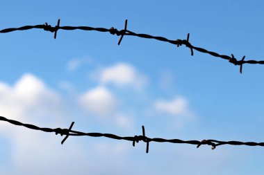 Mavi gökyüzüne ve beyaz bulutlara karşı paslı dikenli tel silueti. Cezaevi, savaş ya da göç geçmişi