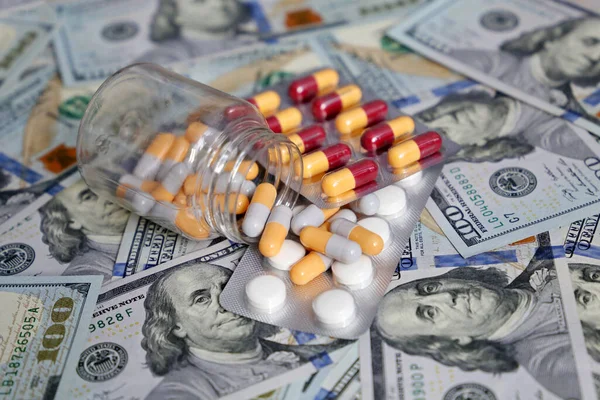 Pills Capsules Bottle Dollars Bills Concept Health Care Usa Pharmaceutical — Stock Photo, Image