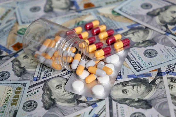 Pills Capsules Bottle Dollars Bills Concept Health Care Usa Pharmaceutical — Stock Photo, Image