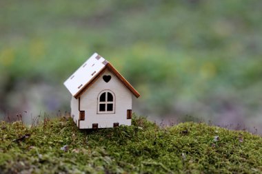 Yosunlu arka plandaki ormandaki ahşap ev modeli. Kır evi kavramı, ekolojik olarak temiz bölgede emlak